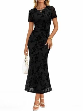 ZESICA Floral Rouched Bodycon Mesh Midi Dress in Black